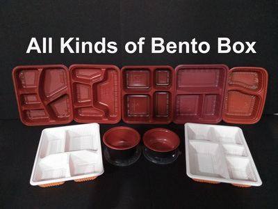 Microwavable bento boxes  from 2, 3, 4, and 5 divisions in colours, black, red, white and orange