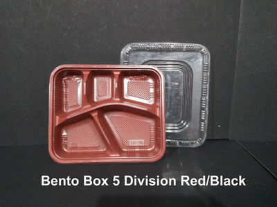 Bento box in 5 division colours red and black, these are microwavables